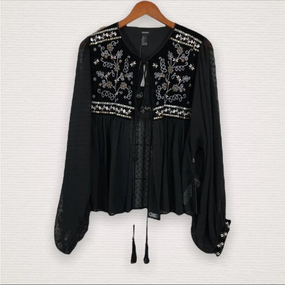 Woman's Forever21 Large NWT Embroidered Sequin Tie Front Sheer Top Black
